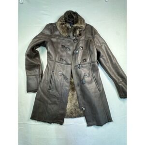 Vintage Armani Jeans Leather Coat Fur Collar Toggle Peacoat EU 38 US 2 Brown